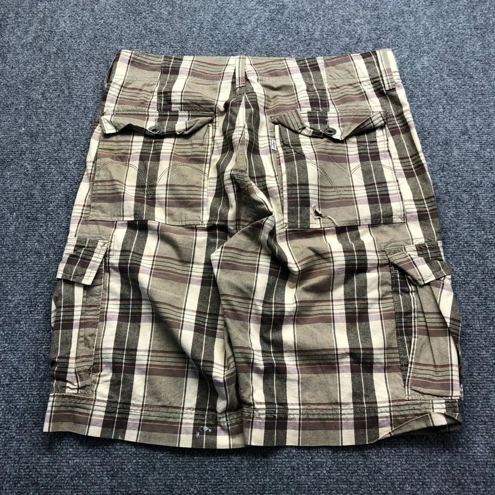 Levis Mens Plaid Cargo Shorts Brown Tan Cotton Size 34 Relaxed Fit Utility